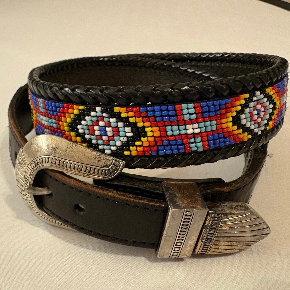 Vintage 1991 Beaded Leather Belt 36 Southwestern Western Westerncore cowgirl